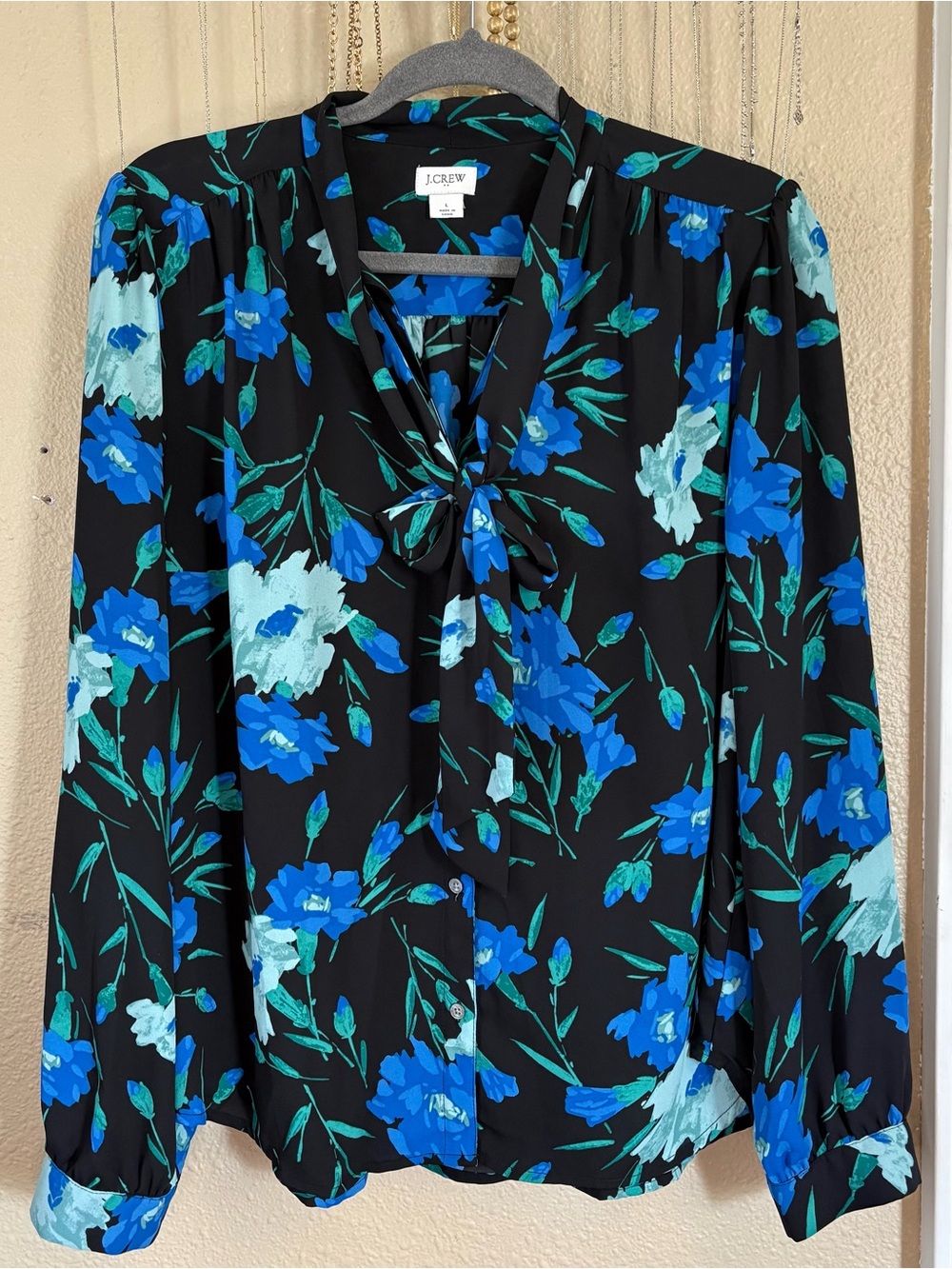 J. Crew Black Floral Tie-Neck Blouse